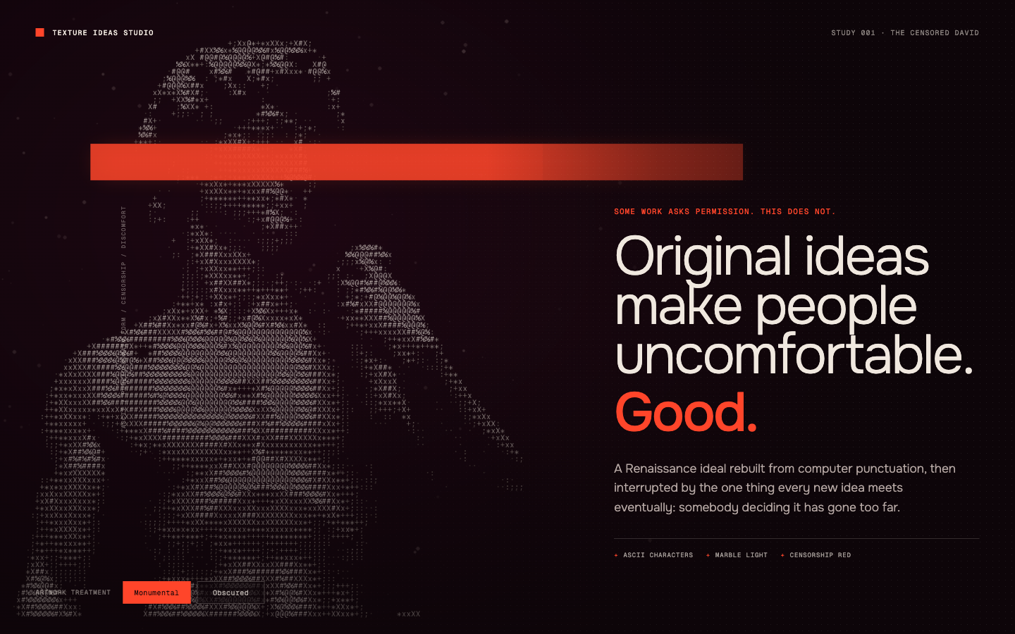 The Censored David immersive ASCII website shown in a wide browser composition