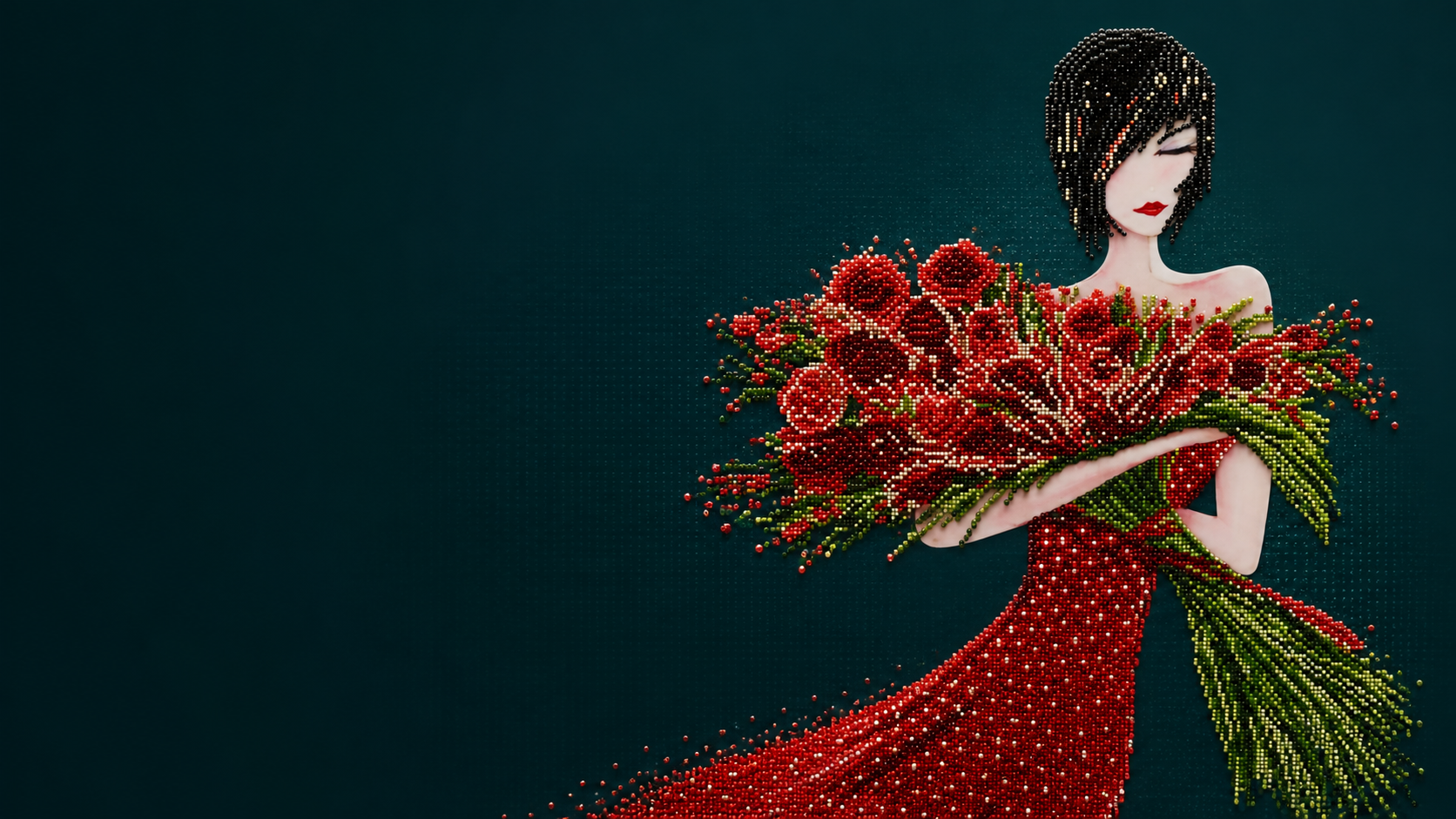 A faceted texture study of a woman in a red dress carrying flowers against deep petrol teal