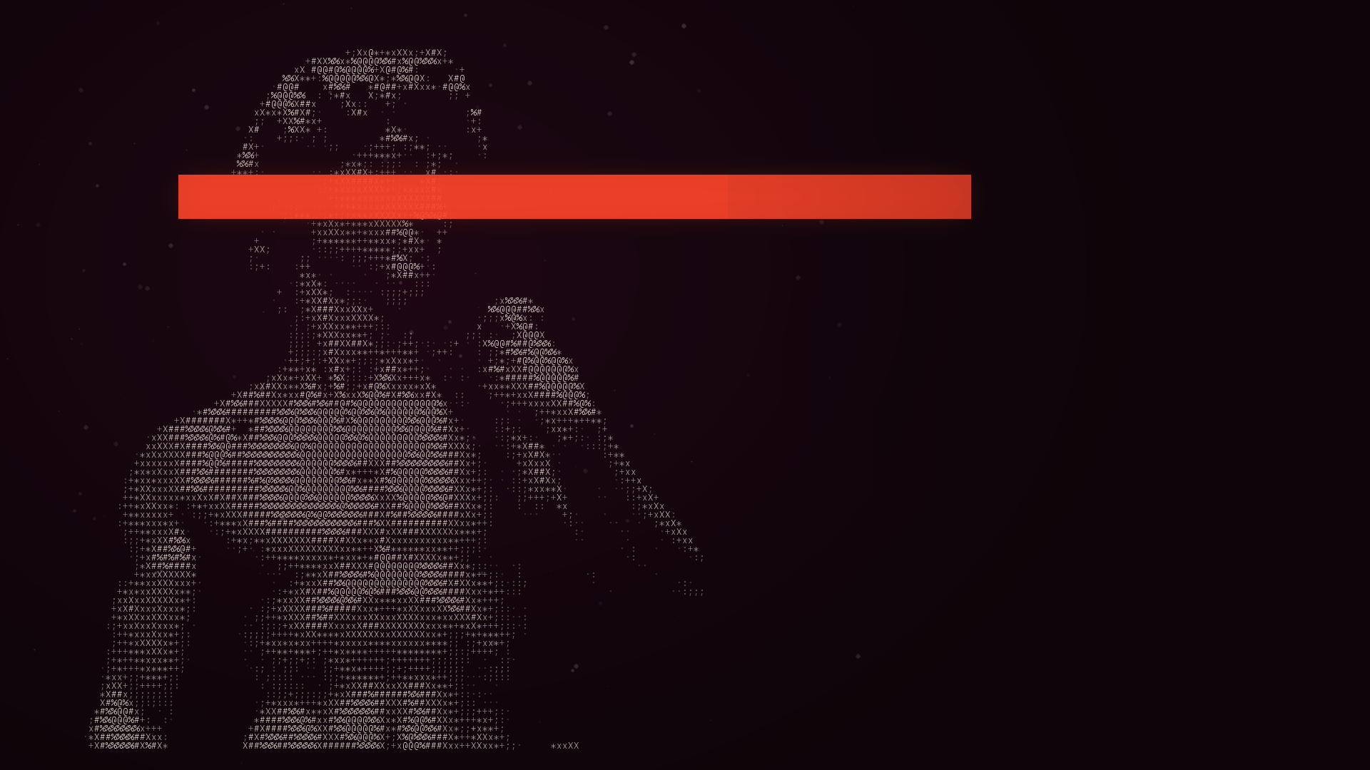 A monumental classical statue reconstructed from luminous ASCII characters, with a coral bar crossing its eyes