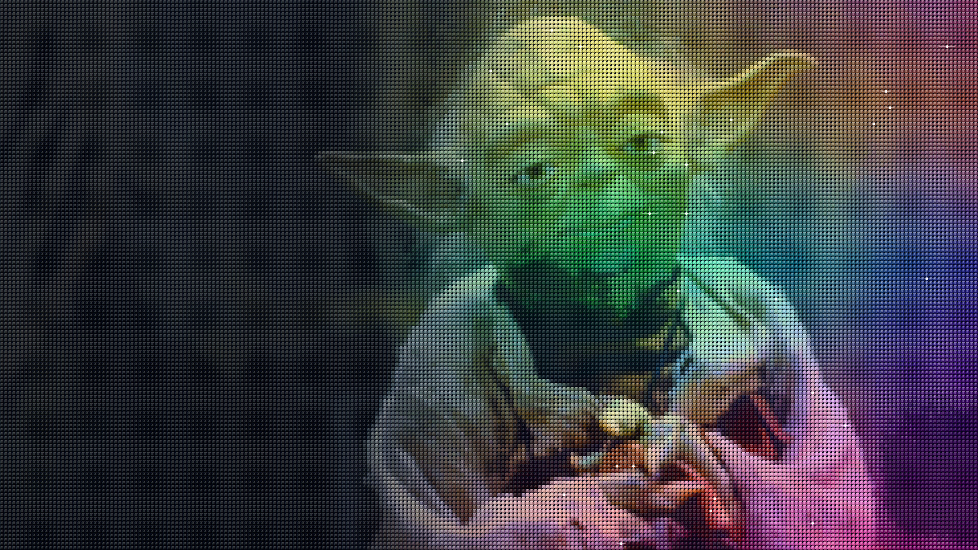 Yoda rendered as a luminous field of colorful, raised and faceted Diamond Dotz drills